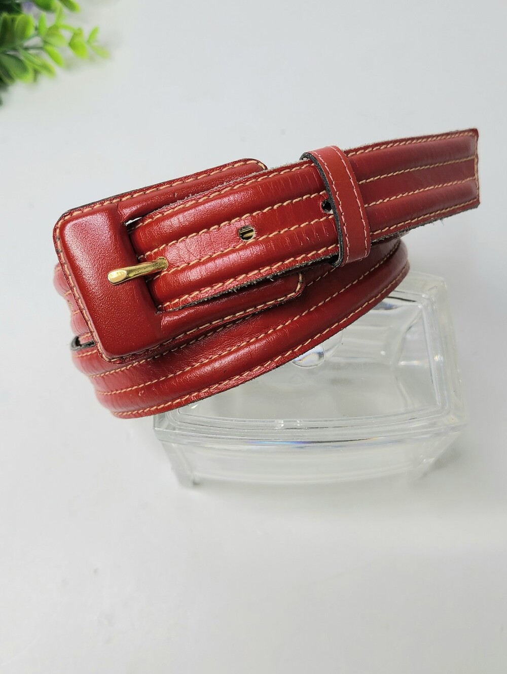 Yves Saint Laurent Red Stitch Detail Genuine Leather Vintage Belt